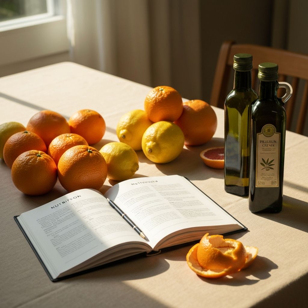 Elegant table with nutrition journal and fresh citrus